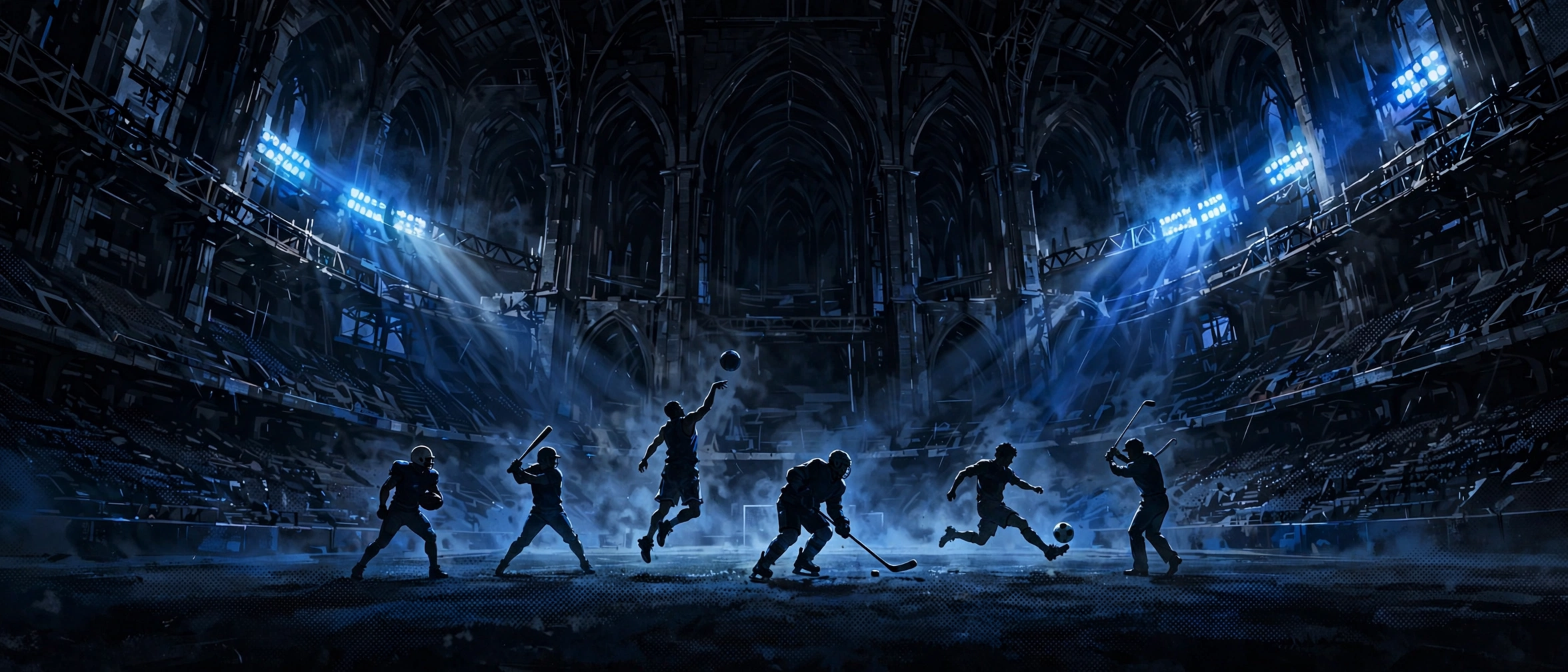 Six athletes under the floodlights of a great dark stadium